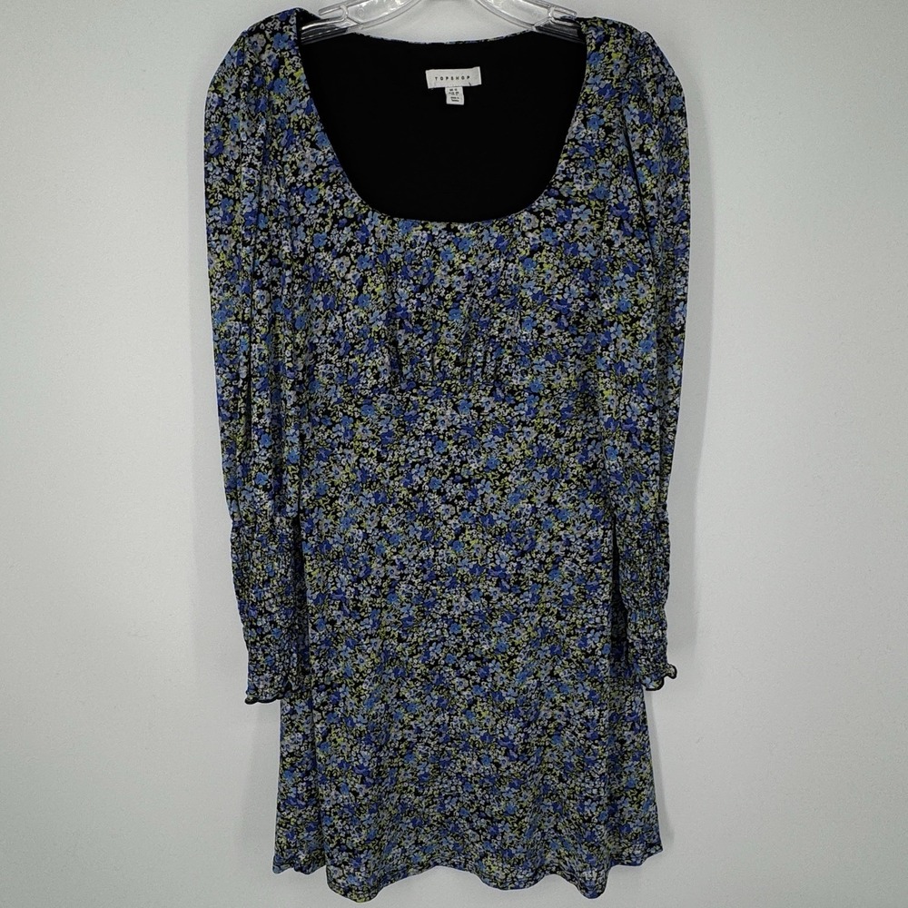 Topshop‎ Floral Mini Dress Cottagecore Coquette Fairy Grunge Blue Black Size 8